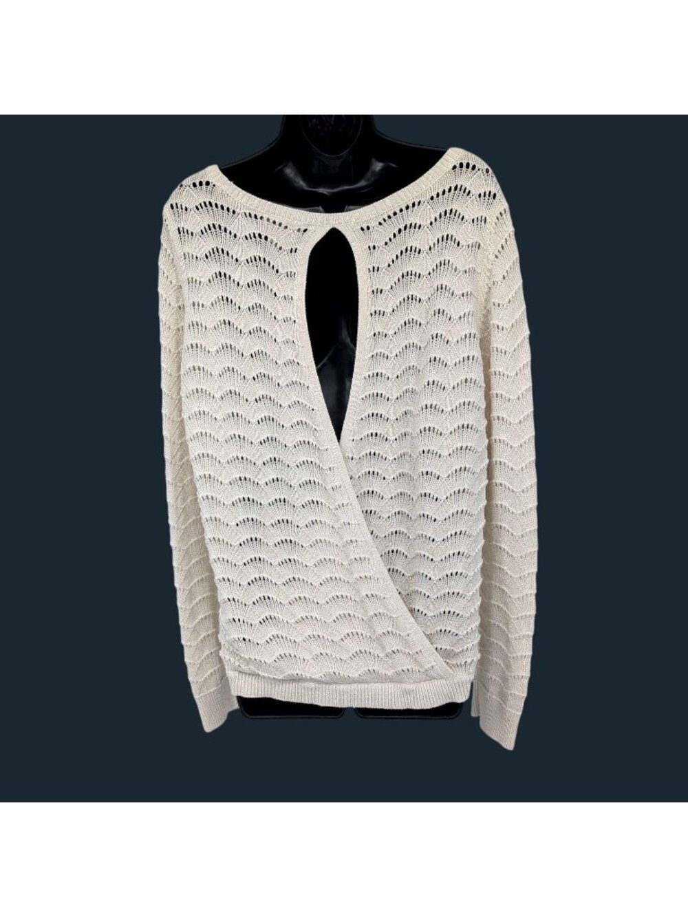LOFT Open Knit Wrap Sweater Crochet Cottage Boho Minimalist Long Sleeve Large